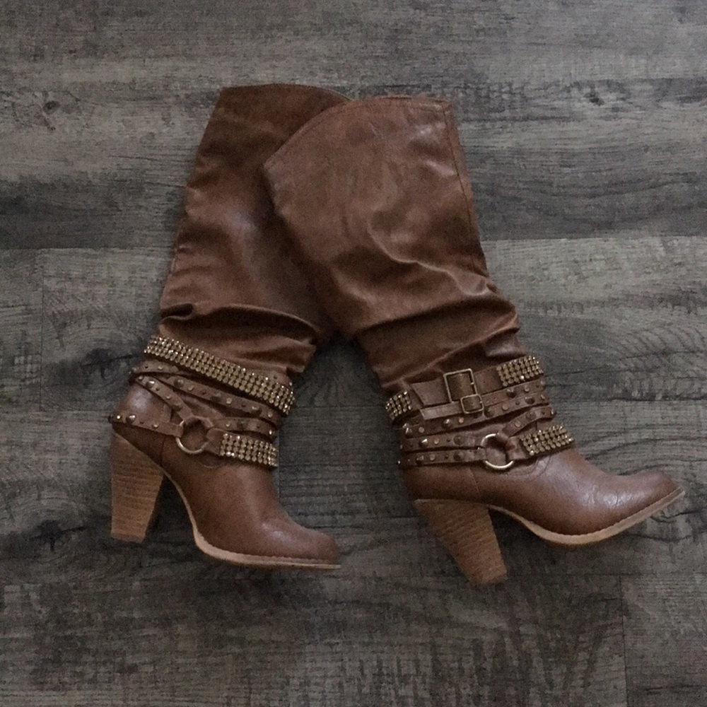 Tan faux leather knee high heel cowboy boot